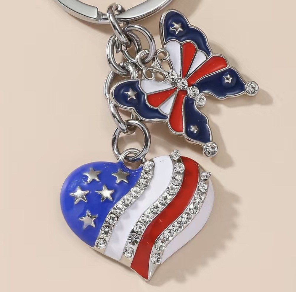 3/$25 Butterfly Heart Patriotic USA Stainless Steel Keychain NEW